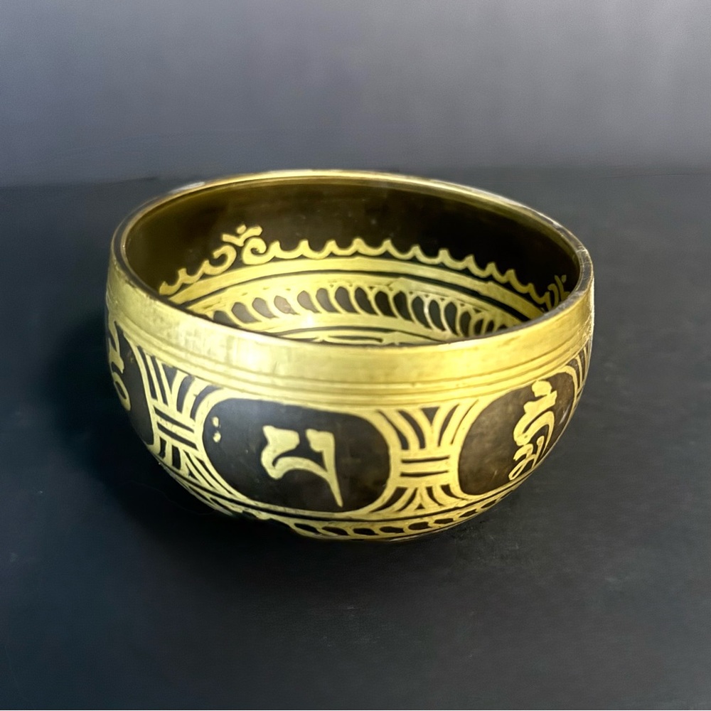 Vintage Mini Brass Singing Bowl 3.5" Black & Gold Hand Painted Yoga Buddhism